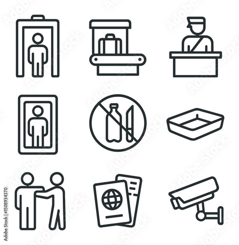 Airport Security Icons. Outline icon set of airport check-in: boarding pass, check-in counter,