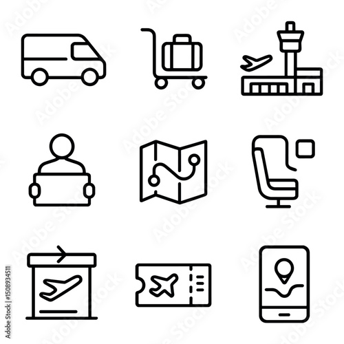 Airport Transport Icons. Outline icon set of airport transportation options: shuttle van, baggage