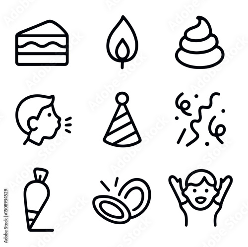 Birthday Icon Collection. Outline icon set of birthday cake excitement: cake slice, candle flame, frosting swirl, kid blowing,