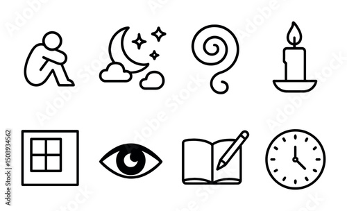 Symbolic icons illustrating night, questions, reading, and time themes