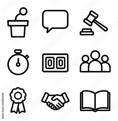 Debate Icons Set. Outline icon set of debate tournament team: podium mic, speech bubble, gavel, timer, scoreboard, audience