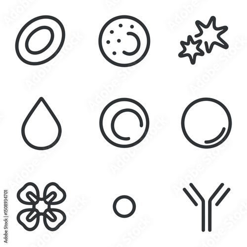 Blood Cell Icon Set. Outline icon set of blood cell components: red blood cell, white blood cell, platelet cluster, plasma droplet
