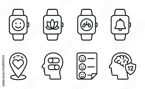 Smartwatch icons for fitness, meditation, location, and notifications