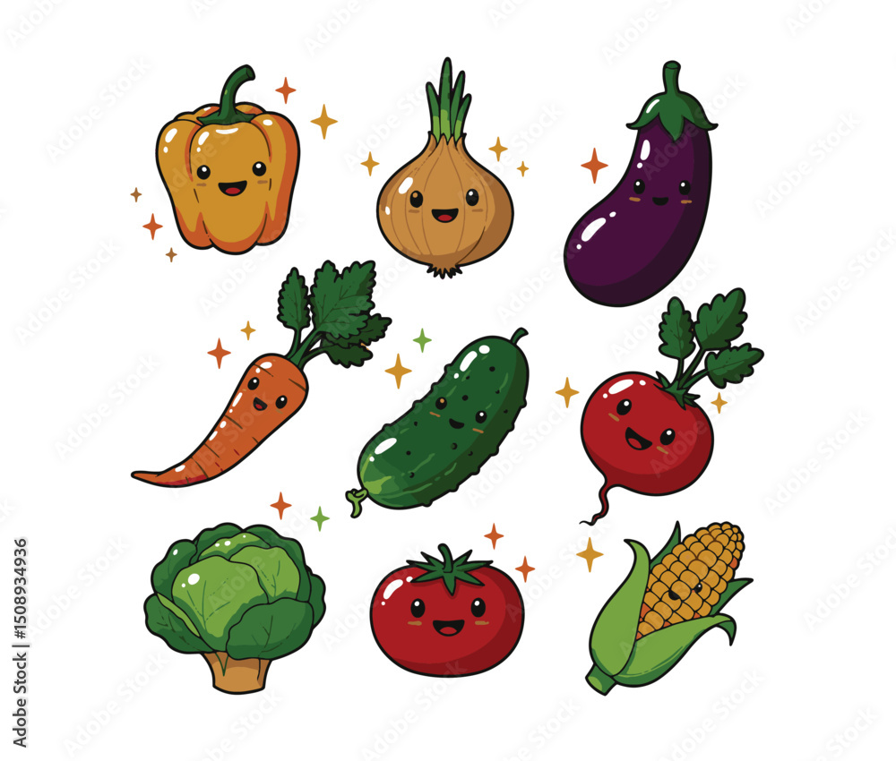 Fototapeta premium Adorable Cartoon Vegetables A Collection of Cute Veggie Illustrations