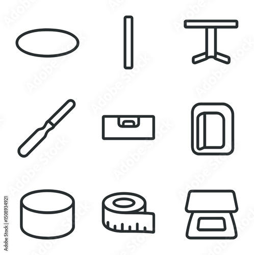 Cake Assembly Tools. Outline icon set of cake tier assembly: cake board, dowel rod, tier separator, straight spatula, bubble level