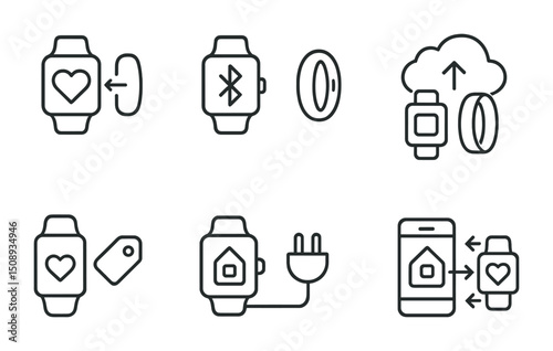 Smartwatch icon set for fitness, connectivity, and home automation concepts
