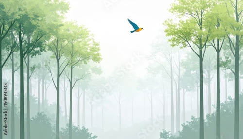 Misty Forest Scene With Flying Bird