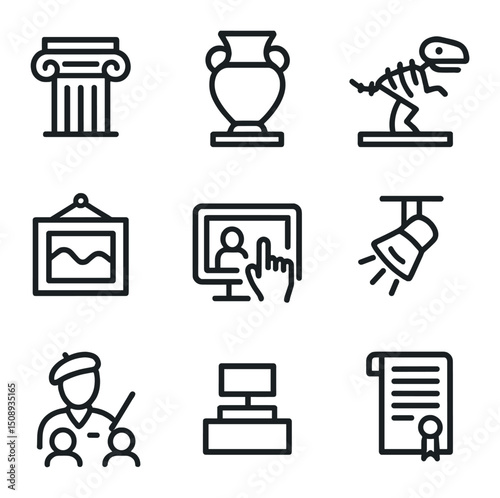 Art and History Icons. Outline icon set of art and history exhibitions: classical column, ancient