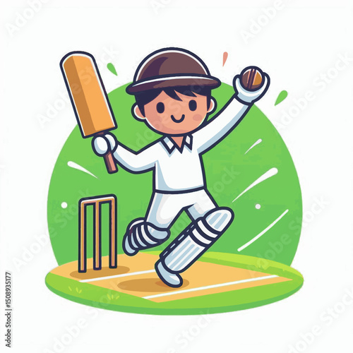 A cartoon cricket player in action holding a bat and ball standing near wickets on a green field