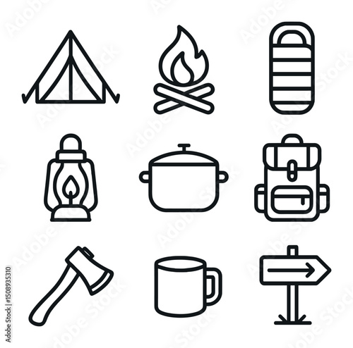 Camping Icon Set. Outline icon set of man camping trip: tent, campfire, sleeping bag, lantern, cooking pot, backpack, axe, mug,