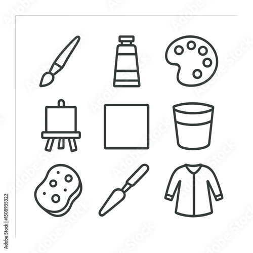 Art Supplies Icons. Outline icon set of art supplies for painting: paintbrush, paint tube, color