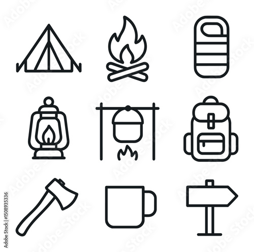 Camping Icon Set. Outline icon set of man camping trip: tent, campfire, sleeping bag, lantern, cooking pot, backpack, axe, mug,