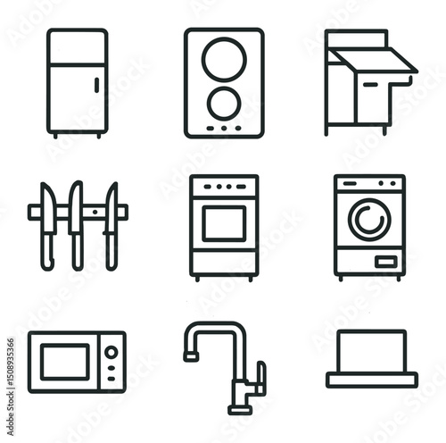 Efficient Kitchen Icons. Outline icon set of space-saving kitchen appliances: compact refrigerator, induction cooktop, pull-out