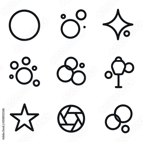 Bokeh Icon Set. Outline icon set of bokeh effects: blurred circle, light orb, twinkle light, defocused bulb, fairy bokeh, street