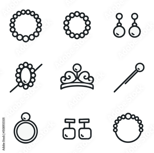 Elegant Pearl Jewelry Icons. Outline icon set of elegant pearl jewelry: necklace, bracelet, earrings, brooch, tiara, hairpin, ring