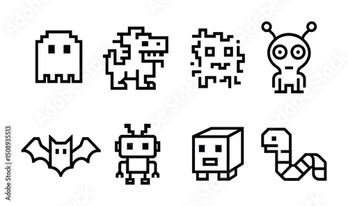 Unique pixel art characters featuring retro arcade and alien designs