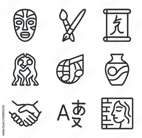 Artistic Icon Set. Outline icon set of art and culture blending: tribal mask, paintbrush and pen,
