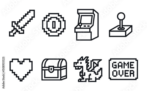 Retro gaming icons featuring sword, arcade machine, and pixel dragon