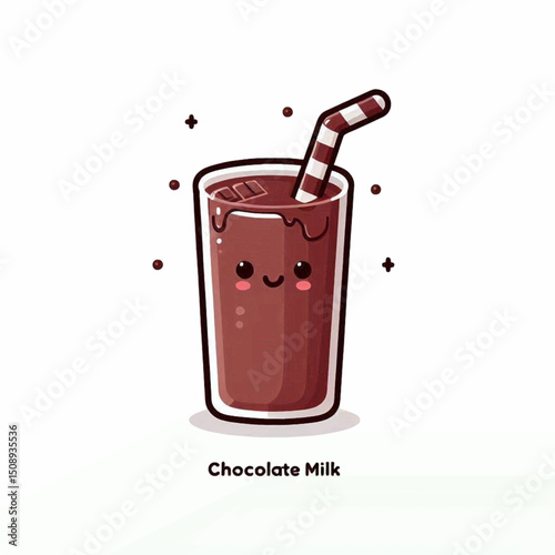 A cartoon glass of chocolate milk with a cute face complete with a striped straw and scattered dots