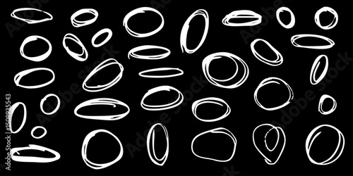 A set of oval shapes outlined in chalk or wax crayons. Roughly drawn elliptical circles in a grunge style with a pencil or marker to emphasize textual information and accents.