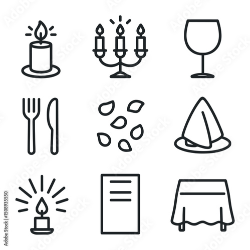 Candlelight Dinner Icons. Outline icon set of candlelight dinner setup: table centerpiece candle, candelabra, wine glass