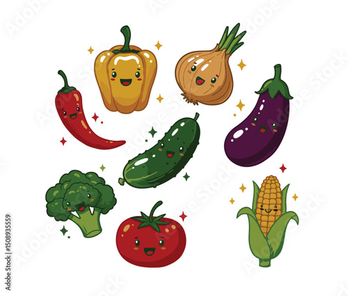 Adorable Cartoon Vegetables  A Delightful Collection of Kawaii Produce Illustrations