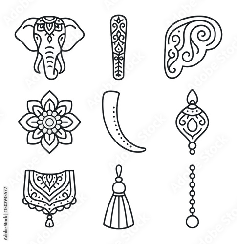Elephant Motif Icons. Outline icon set of decorative elephant motifs: mandala elephant head, ornate trunk pattern, decorative ear