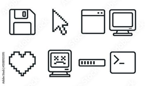 Retro technology icons: floppy disk, cursor, pixel heart, and monitor