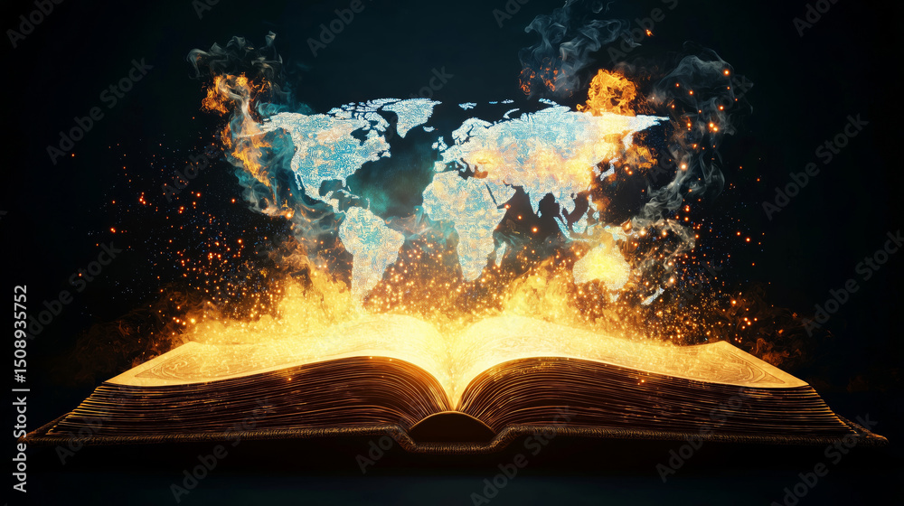 Obraz premium Open book with glowing pages, depicting fiery world map emerging from it, symbolizing knowledge and adventure