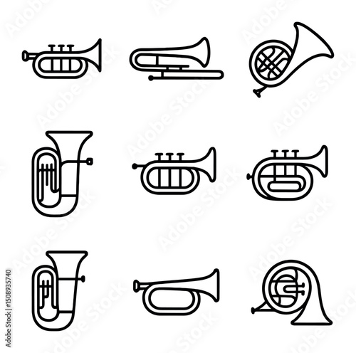 Brass Instrument Icons. Outline icon set of vintage brass instrument collection: trumpet, trombone, French horn, tuba, cornet,
