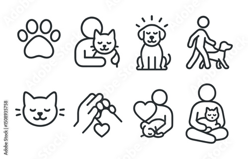 Pet care and love icons set for adoption and animal welfare designs