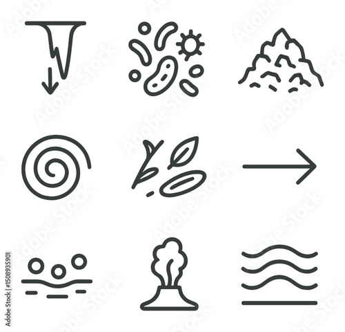 Cave Ecosystem Icons. Outline icon set of cave ecosystem elements: nutrient chute, microbial mat, detritus pile, sediment swirl,
