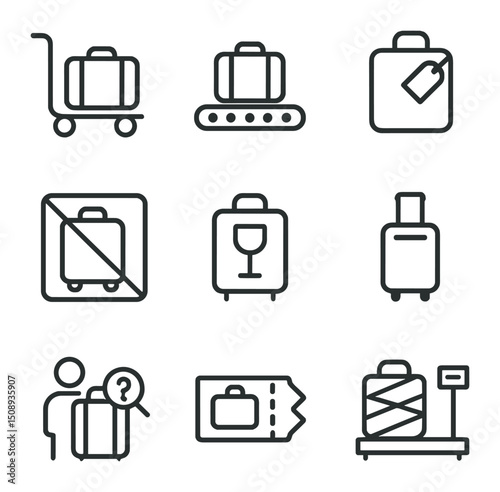 Baggage Handling Icons. Outline icon set of airline travel documents: passport, visa stamp, boarding