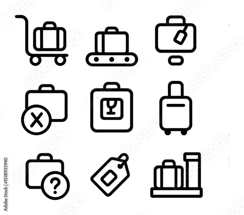 Baggage Handling Icons. Outline icon set of baggage handling at check-in: luggage cart, conveyor