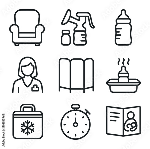 Breastfeeding Support Icons. Outline icon set of breastfeeding support center: nursing chair, breast pump, milk bottle, lactation