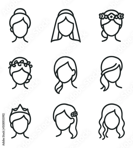 Bridal Styling Icon Set. Outline icon set of bridal and event styling: updo bun, bridal veil, floral crown, hair vine, side sweep,