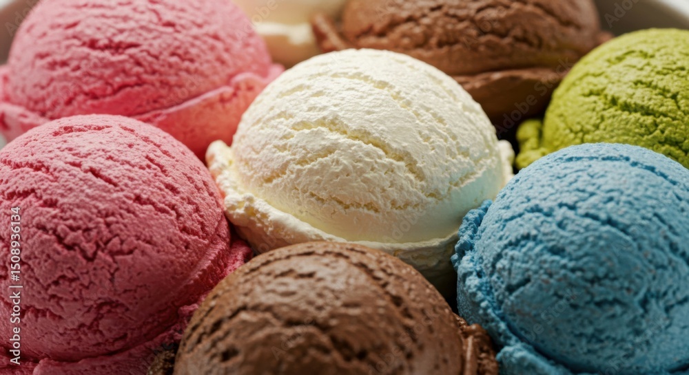 Fototapeta premium Creamy and colorful ice cream balls displayed in summer sunlight.