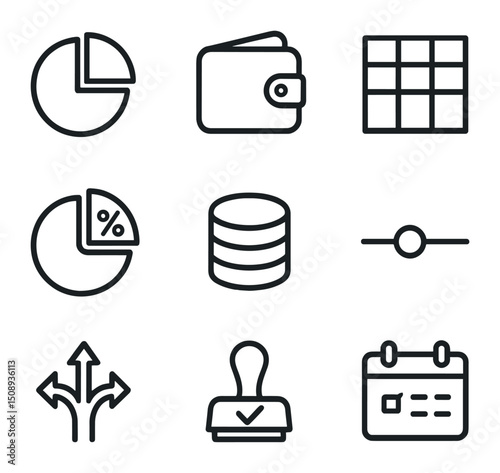 Budget Planning Icons. Outline icon set of budget allocation planning: budget pie, wallet icon, spreadsheet grid, percentage slice