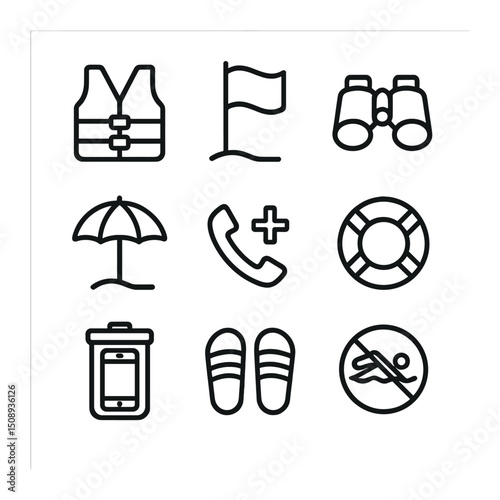 Beach Safety Icons. Outline icon set of beach activity safety: life vest, beach flag warning,