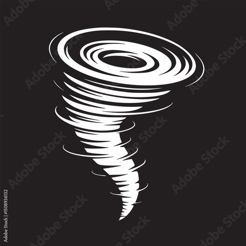 Illustration of a white tornado with swirling lines on a black background in a cartoon style image