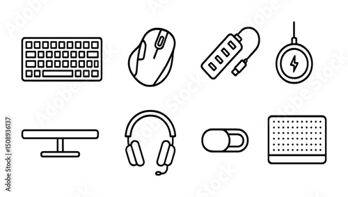 Collection of computer accessories for office setup and tech enthusiasts