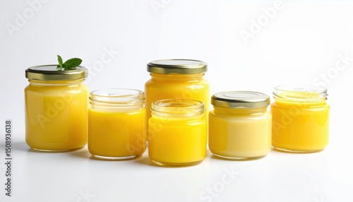 Assortment Of Small Glass Jars With Golden Lids Filled With Yellow Ghee