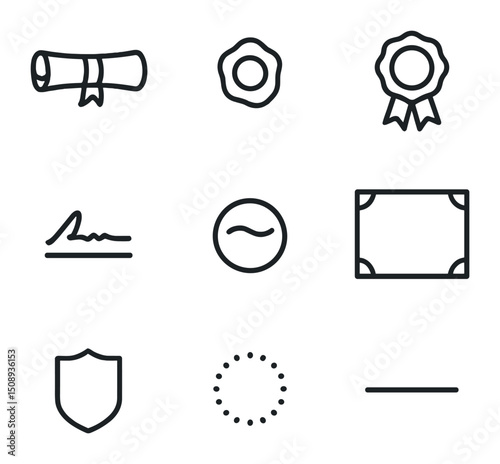 Certificate Icon Set. Outline icon set of certificate and diploma elements: scroll certificate, wax seal, ribbon seal, signature