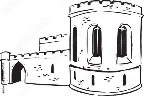 Carlisle Citadel ink illustration. Tudor fortress with Neoclassical modifications, court buildings. Architectural black and white vector drawing. Cultural, historical tourist attractions in the UK.