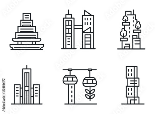 Urban architecture icons with cable cars and skyscraper designs