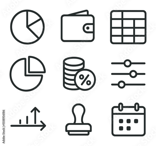 Budget Planning Icons. Outline icon set of budget allocation planning: budget pie, wallet icon, spreadsheet grid, percentage slice