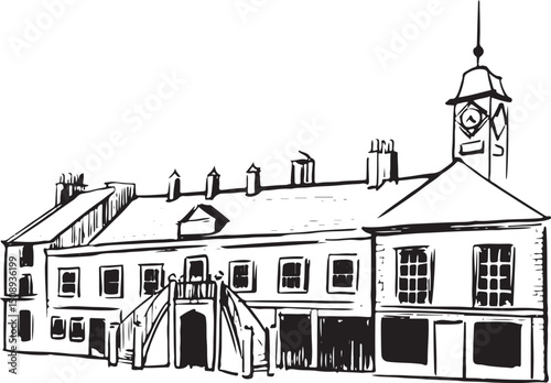 Old Town Hall in Carlisle, England ink illustration  Georgian architecture vector black and white drawing. Civic building with a clock tower. Historical cultural tourist attraction isolated sketch. 