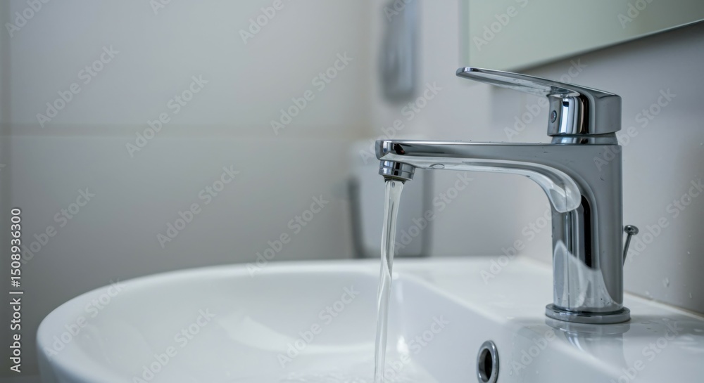 Clean and fresh water flows from a faucet in a modern WC, emphasizing hygiene and simplicity in design. Clean and fresh water flows from a faucet in a modern WC, emphasizing hygiene and simplicity in design.