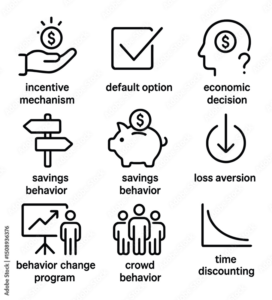 Fototapeta premium Behavioral Economics Icons. Outline icon set of applied behavioral economics: incentive mechanism,