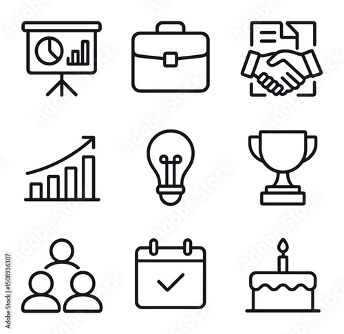 Business Icons Set. Outline icon set of business project winning team: presentation board, briefcase, contract shake, growth chart